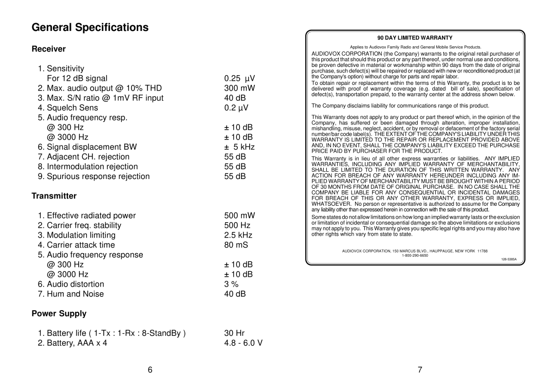 Audiovox FR142 manual General Specifications, Receiver, Transmitter, Power Supply 