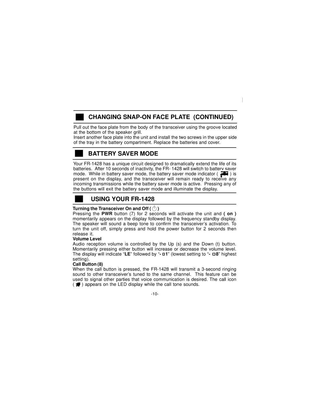 Audiovox FR1428 Battery Saver Mode, Using Your FR-1428, Turning the Transceiver On and Off, Volume Level, Call Button 