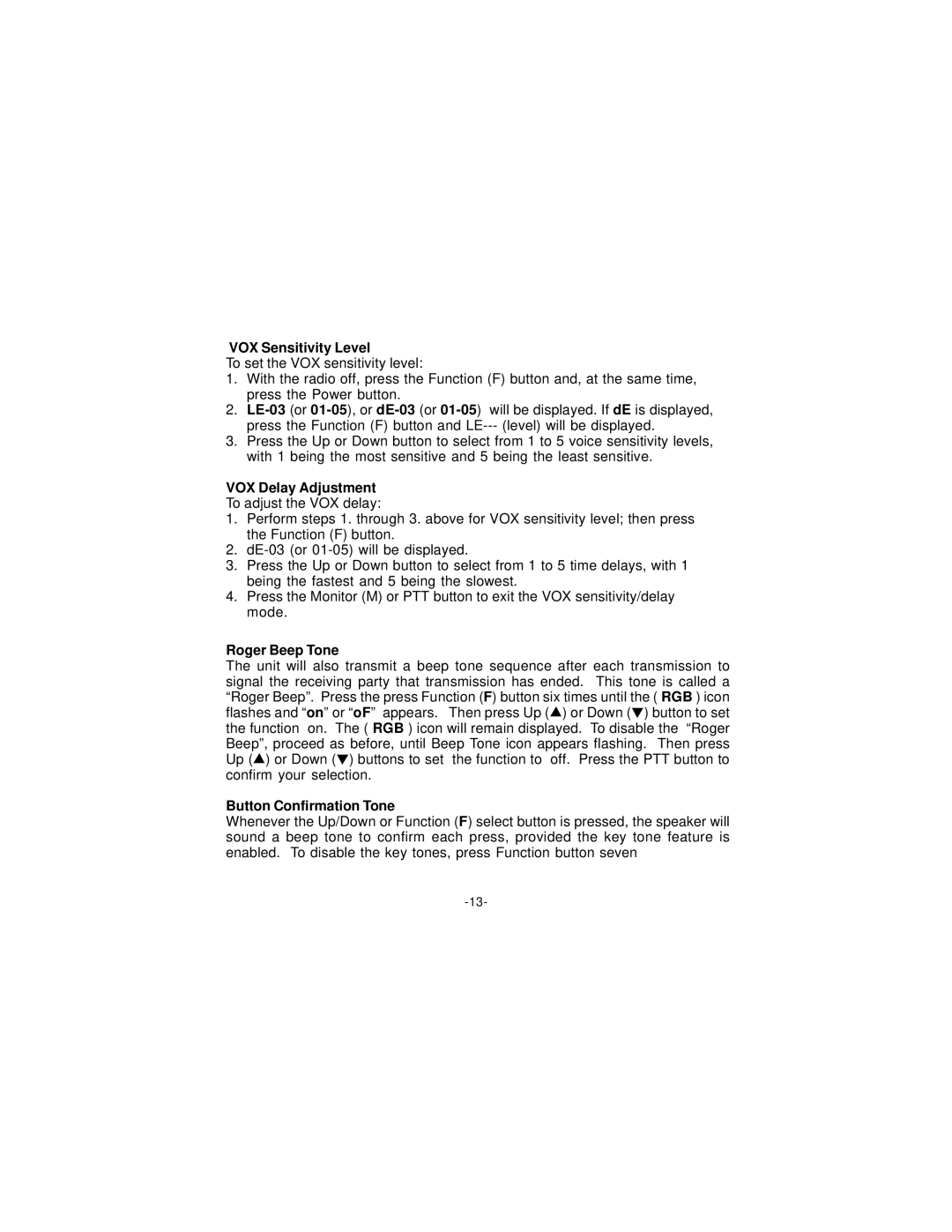 Audiovox FR-142B, FR1428 manual VOX Sensitivity Level, VOX Delay Adjustment, Roger Beep Tone, Button Confirmation Tone 