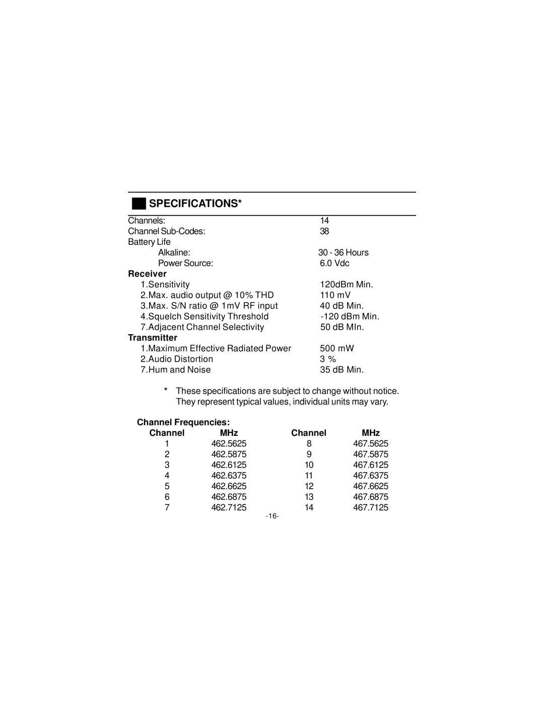 Audiovox FR1428, FR-142B manual Specifications, Receiver 