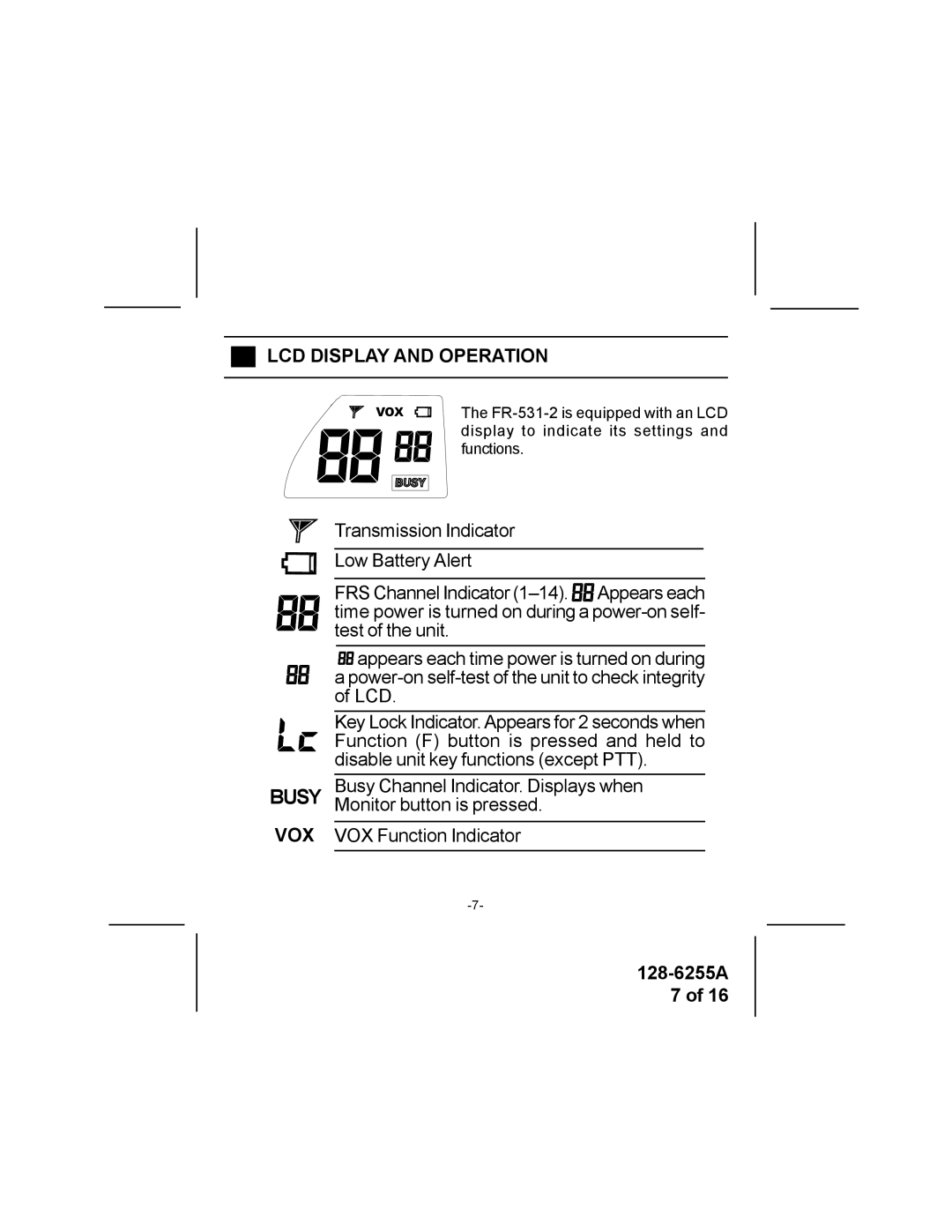 Audiovox FR5312 specifications LCD Display and Operation, Vox 