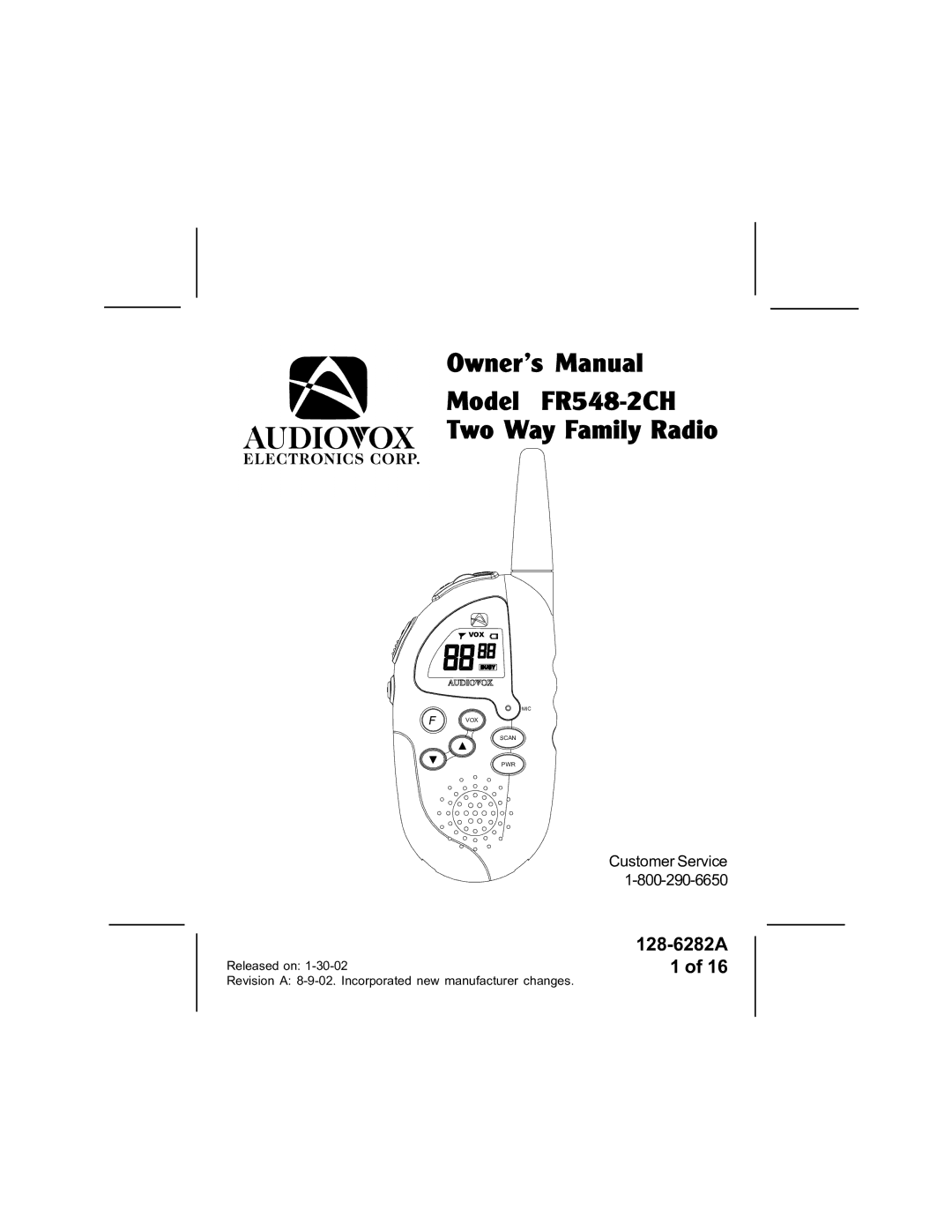 Audiovox owner manual Model FR548-2CH Two Way Family Radio 