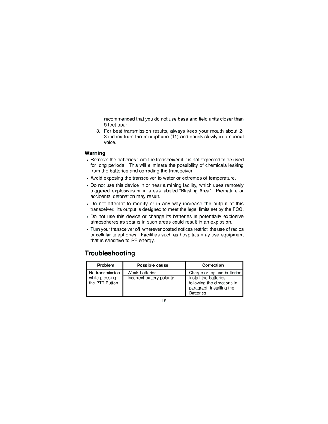 Audiovox FRS-1000F manual Troubleshooting, Problem Possible cause Correction 