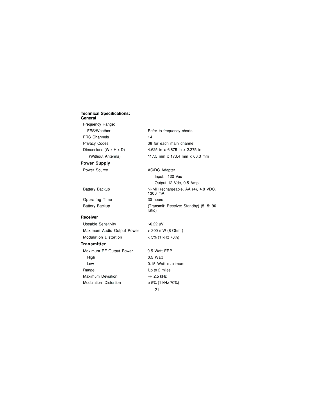 Audiovox FRS-1000F manual Technical Specifications General 