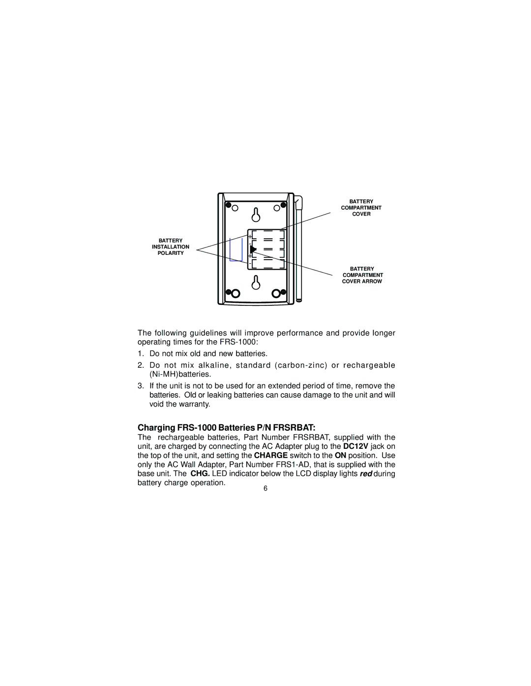 Audiovox FRS-1000F manual Charging FRS-1000 Batteries P/N Frsrbat 