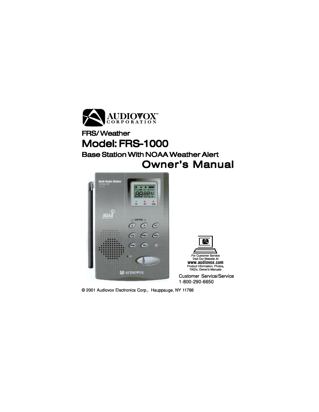 Audiovox FRS-1000F manual Model FRS-1000, Owner’s Manual, FRS/Weather, Base Station With NOAA Weather Alert 