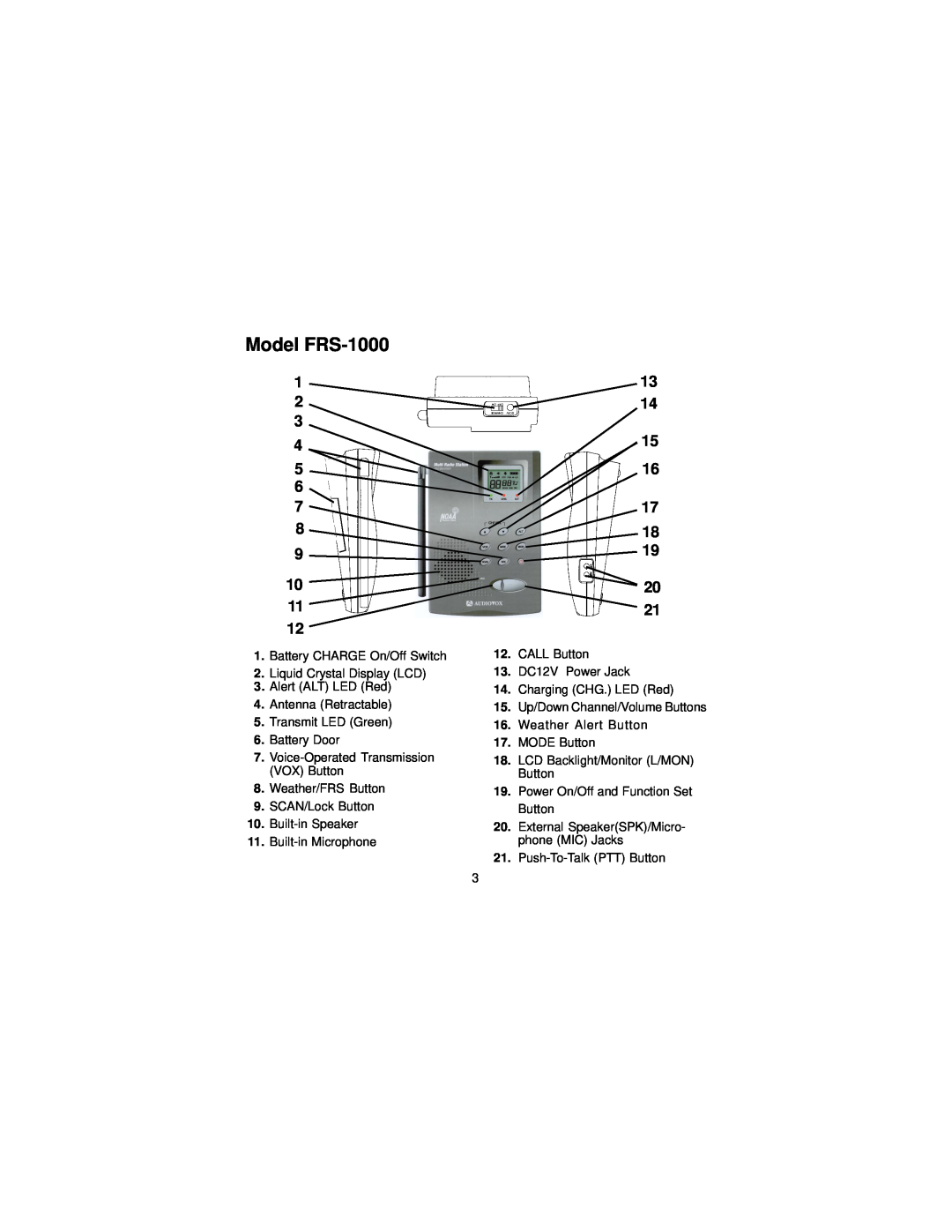 Audiovox FRS-1000F manual Model FRS-1000 