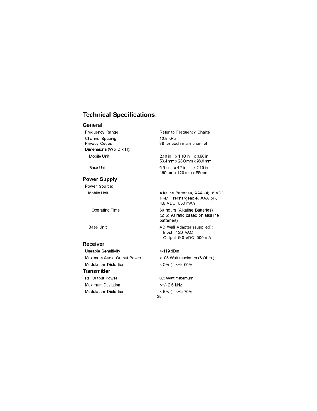 Audiovox FRS-3000PK manual Technical Specifications, General, Power Supply, Receiver, Transmitter 