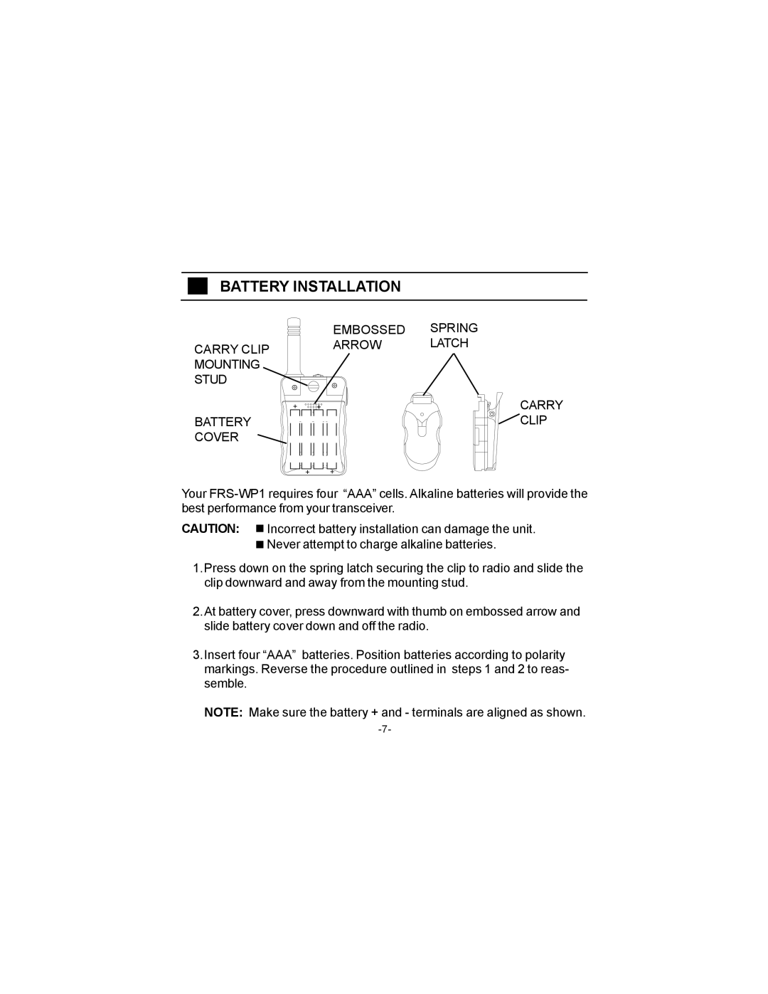 Audiovox FRS-WP1 owner manual Battery Installation, Carry Clip 