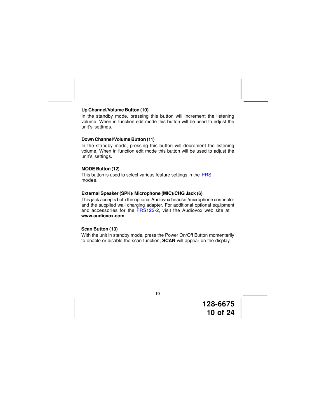 Audiovox FRS122-2 manual Mode Button 