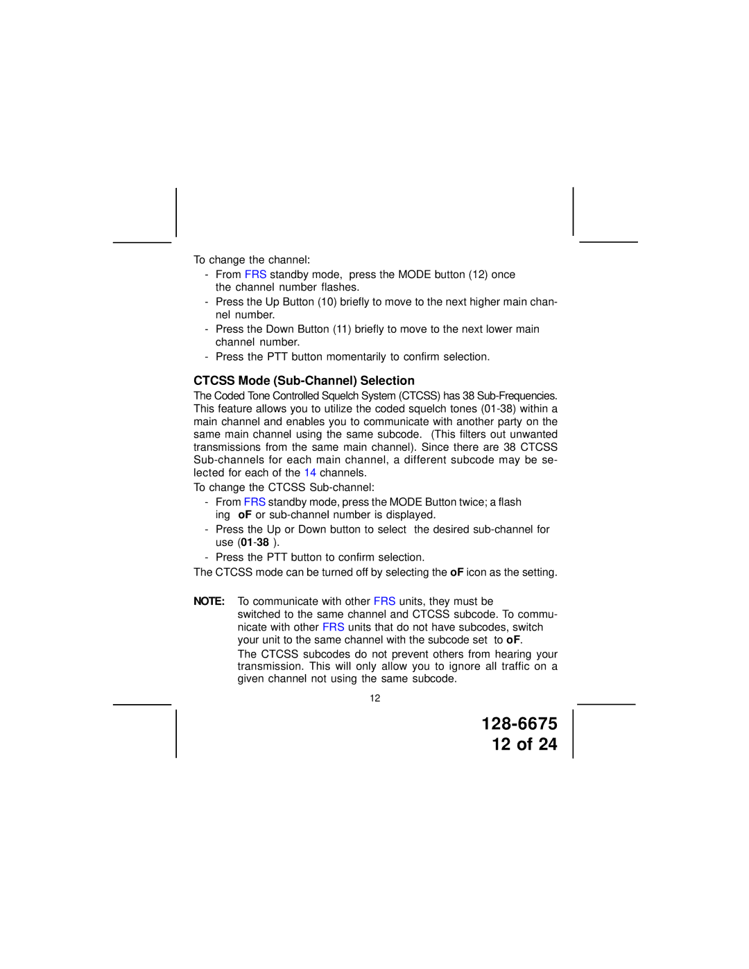 Audiovox FRS122-2 manual Ctcss Mode Sub-Channel Selection 