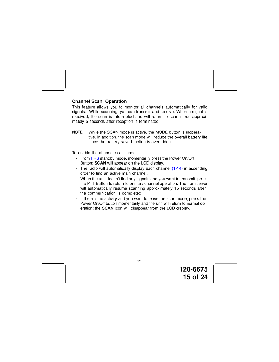 Audiovox FRS122-2 manual Channel Scan Operation 