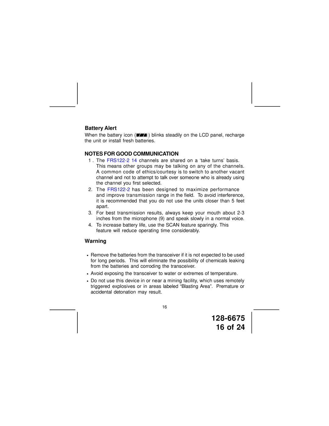 Audiovox FRS122-2 manual Battery Alert 