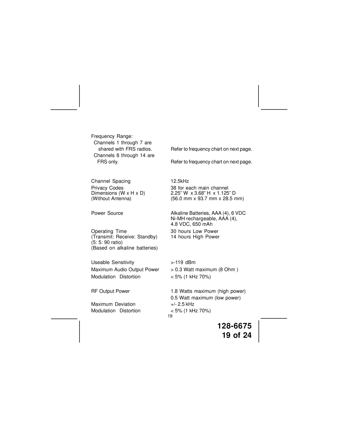 Audiovox FRS122-2 manual Technical Specifications 