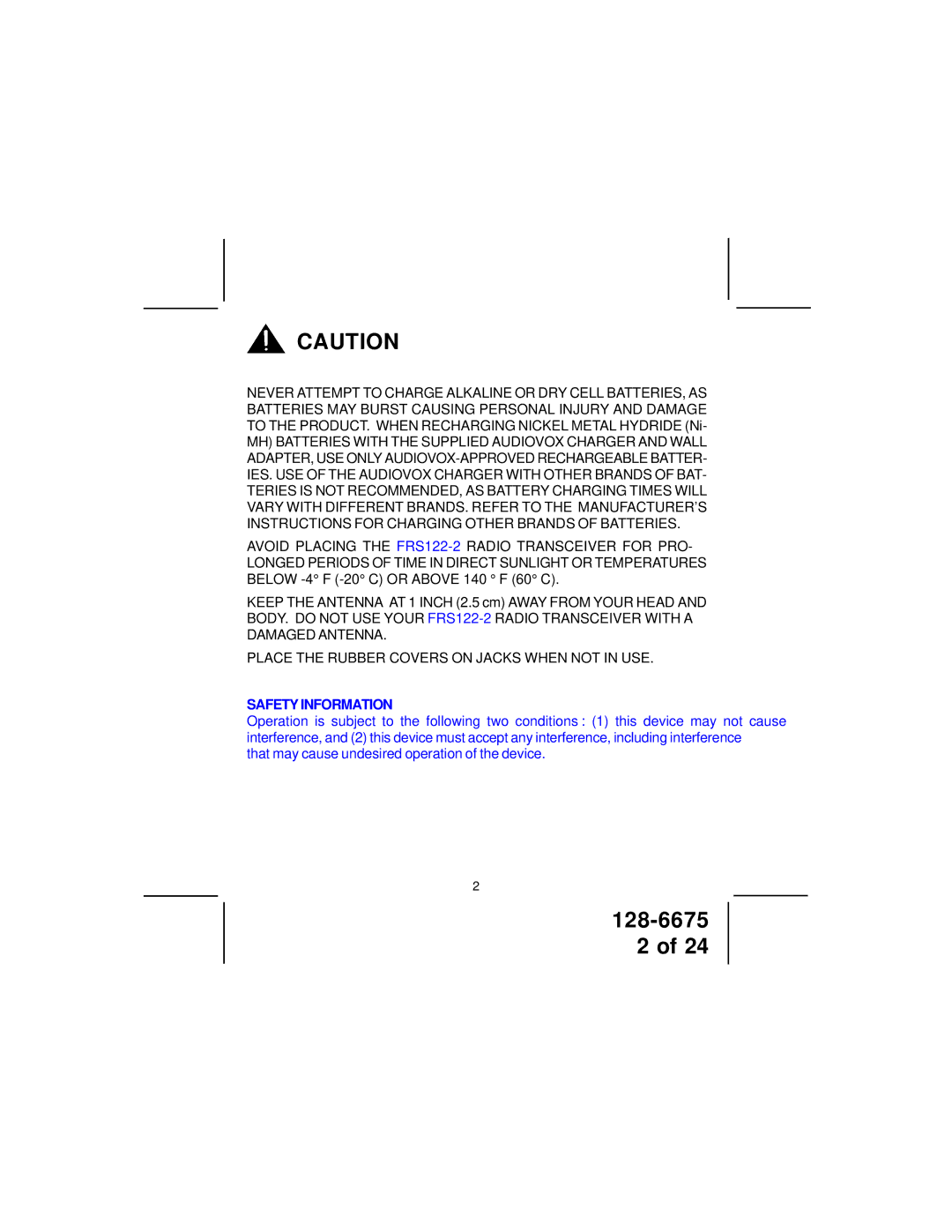 Audiovox FRS122-2 manual Safety Information 