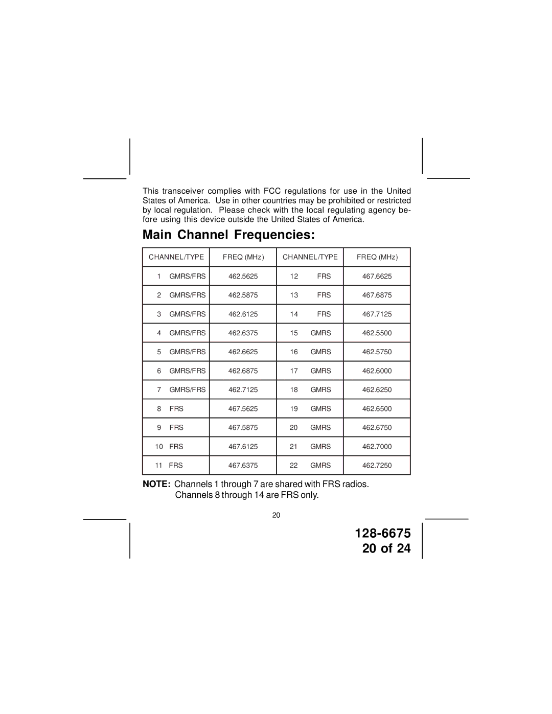 Audiovox FRS122-2 manual Main Channel Frequencies 