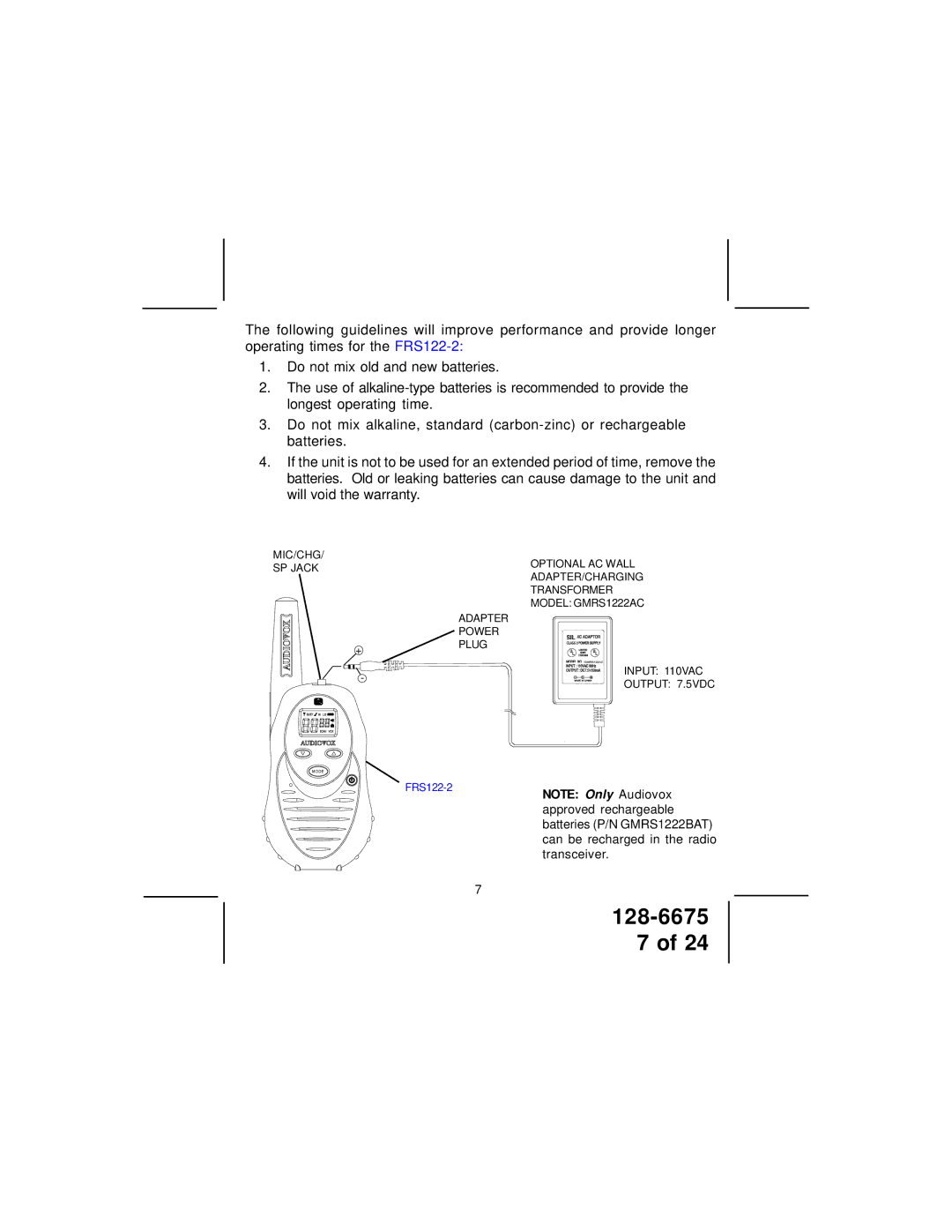 Audiovox FRS122-2 manual MIC/CHG SP Jack Adapter Power Plug 