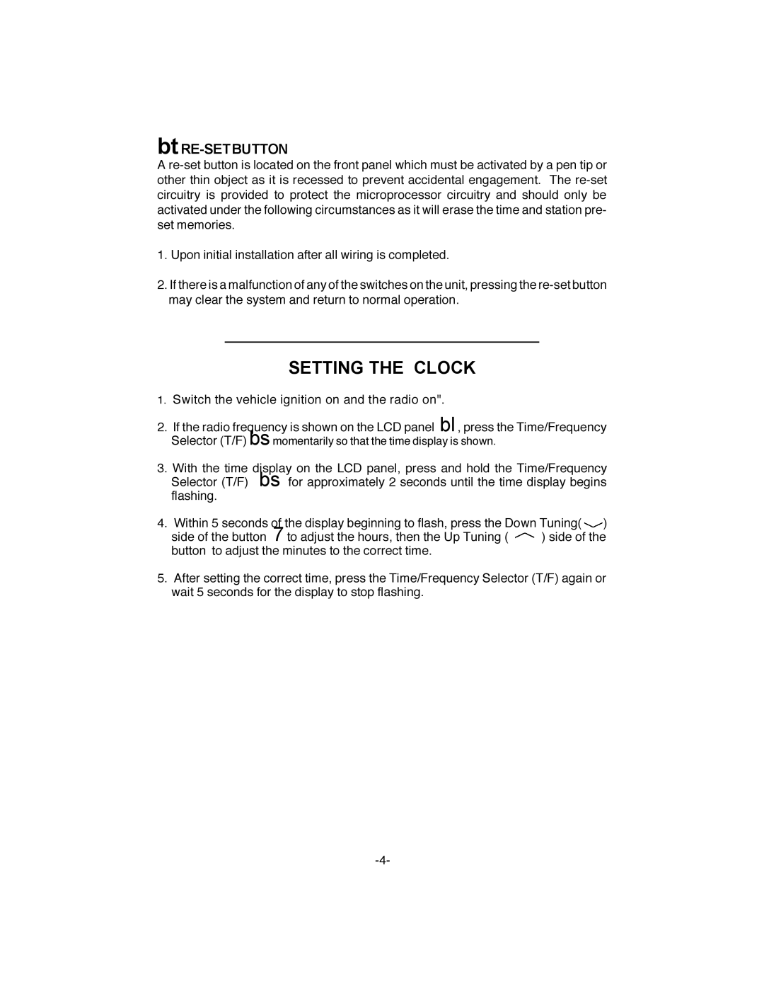 Audiovox GM-250 owner manual Setting the Clock, BtRE-SETBUTTON 