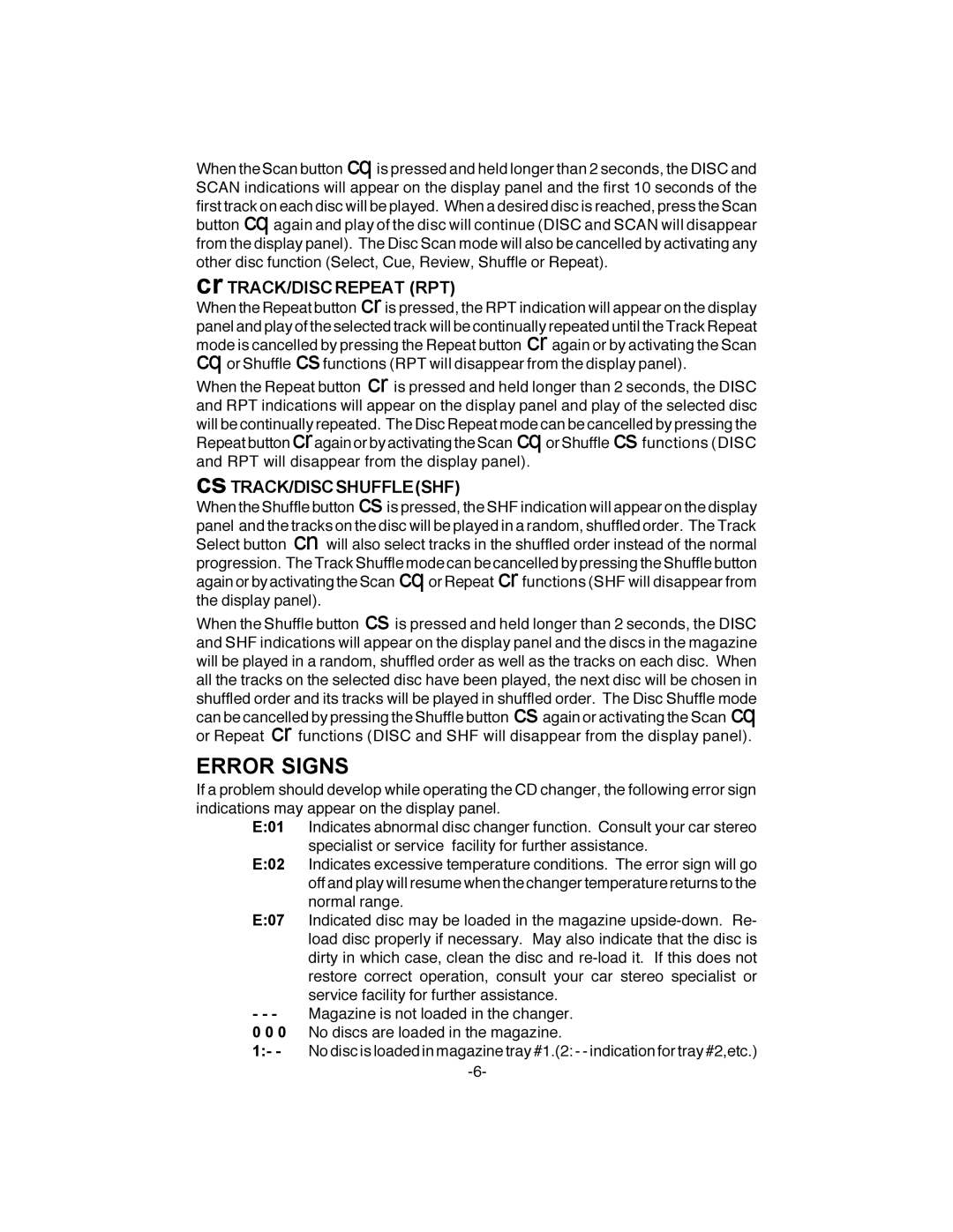 Audiovox GM-250 owner manual Error Signs, Cr TRACK/DISC Repeat RPT, CsTRACK/DISCSHUFFLESHF 