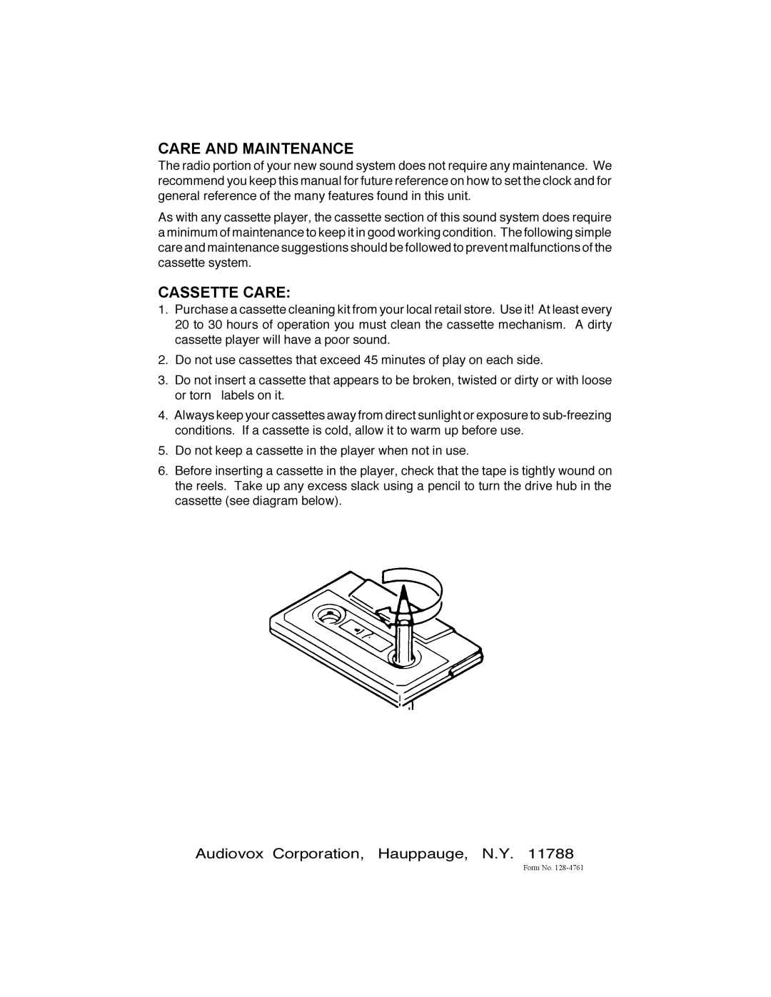 Audiovox GM-250 owner manual Care and Maintenance, Audiovox Corporation, Hauppauge, N.Y 