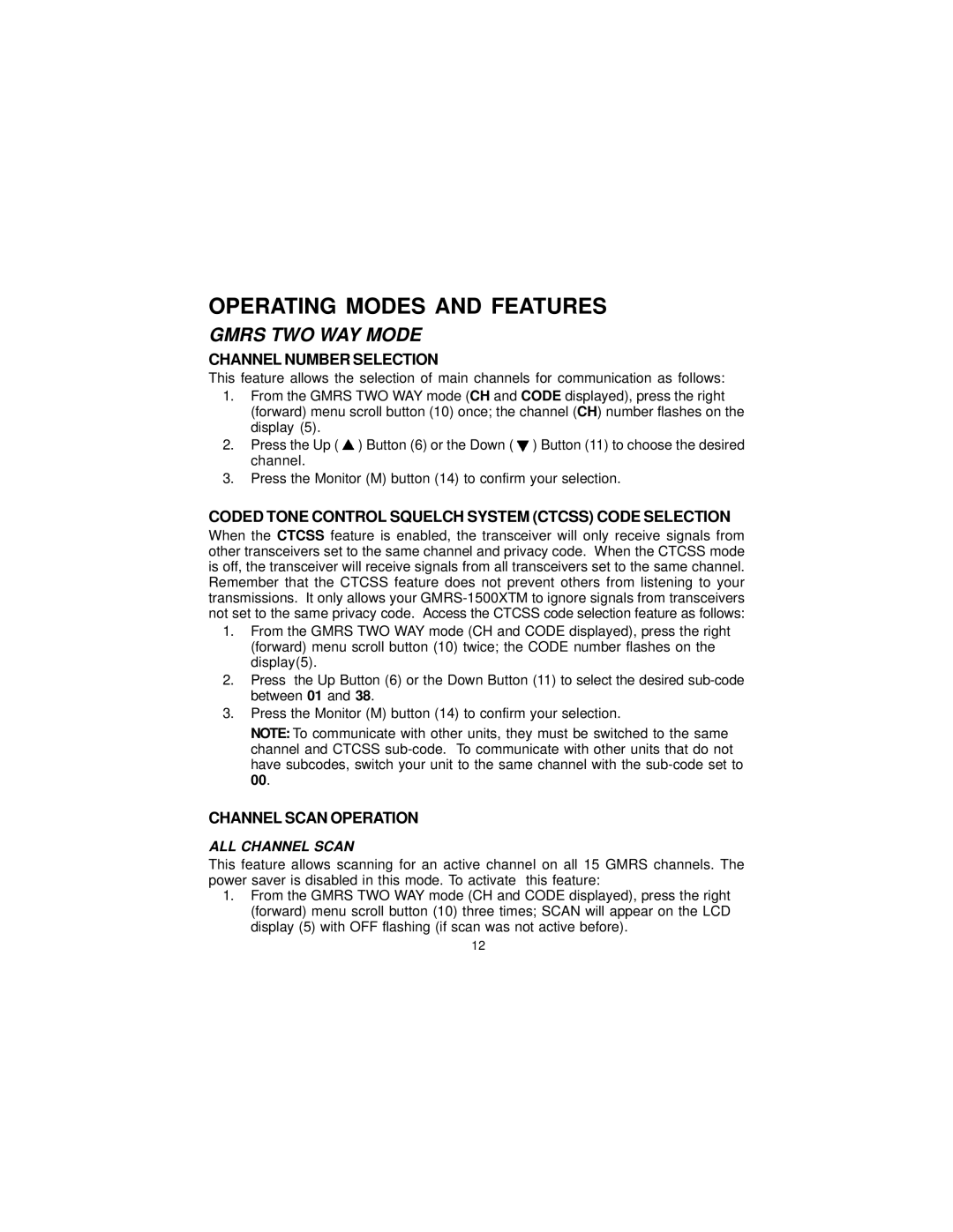 Audiovox GMRS-1500 Gmrs TWO WAY Mode, Channel Number Selection, Coded Tone Control Squelch System Ctcss Code Selection 