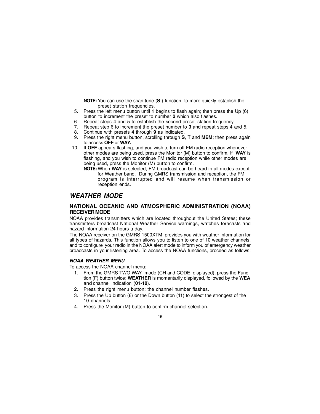 Audiovox GMRS-1500, 1500XTM manual Weather Mode, Noaa Weather Menu 