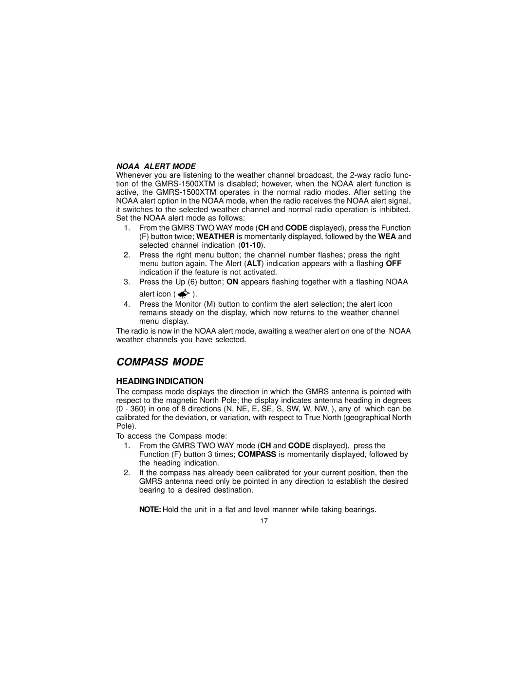 Audiovox 1500XTM, GMRS-1500 manual Compass Mode, Heading Indication, Noaa Alert Mode 