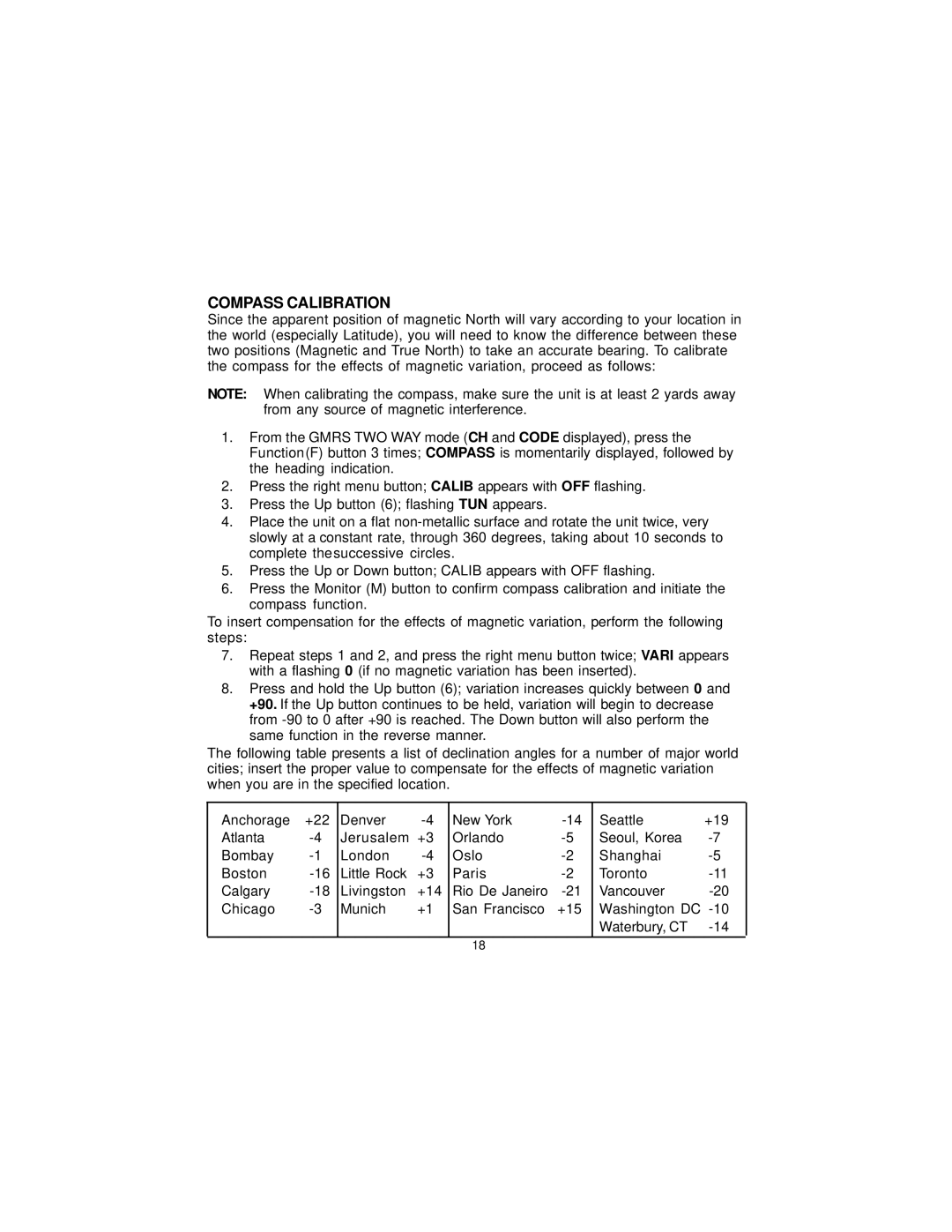 Audiovox GMRS-1500, 1500XTM manual Compass Calibration 