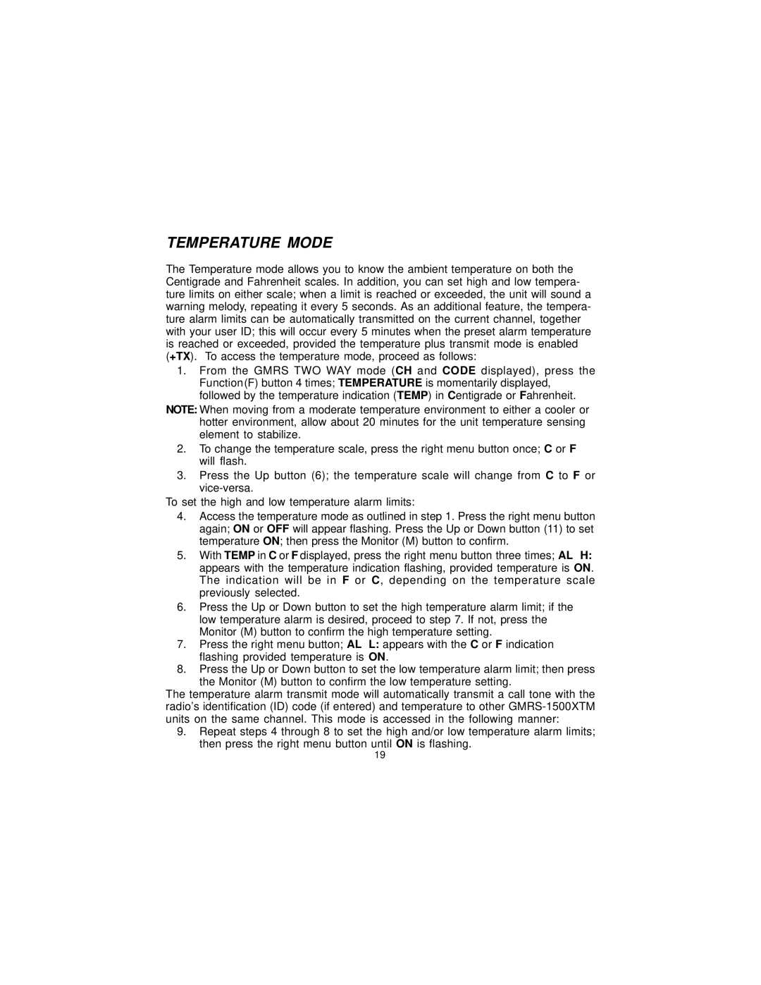 Audiovox 1500XTM, GMRS-1500 manual Temperature Mode 