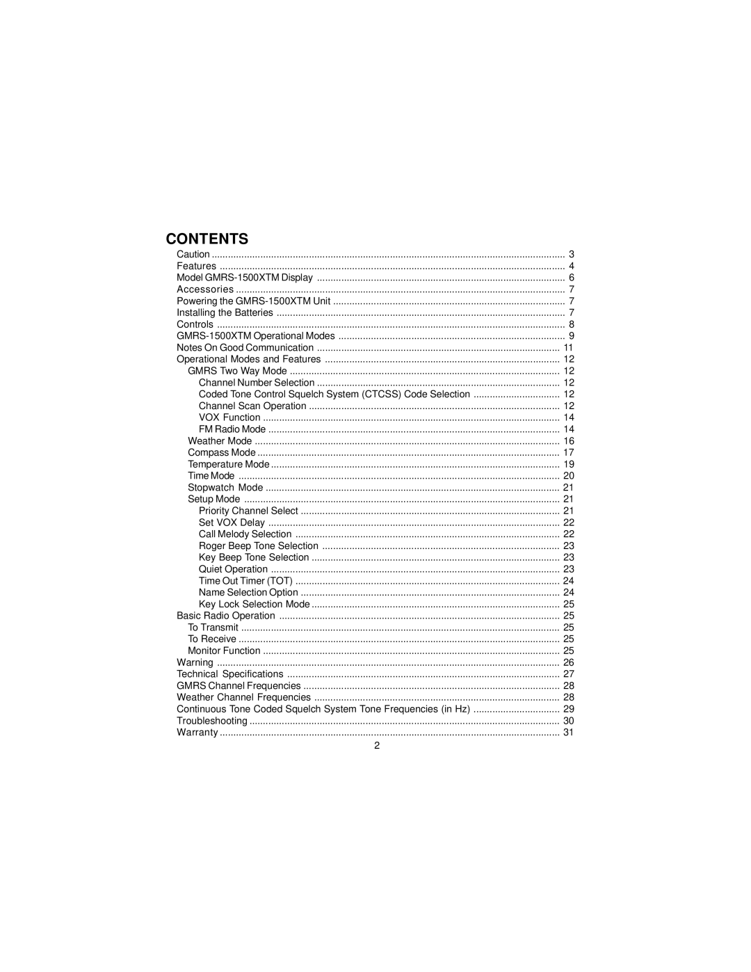 Audiovox GMRS-1500, 1500XTM manual Contents 