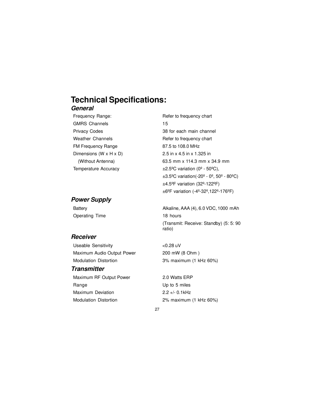 Audiovox 1500XTM, GMRS-1500 manual Technical Specifications 