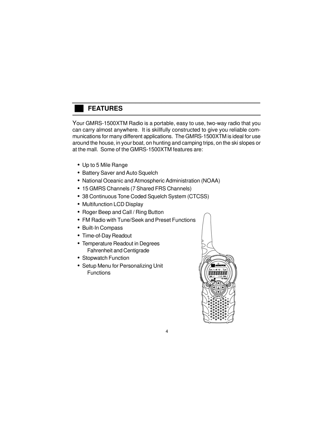 Audiovox GMRS-1500, 1500XTM manual Features 