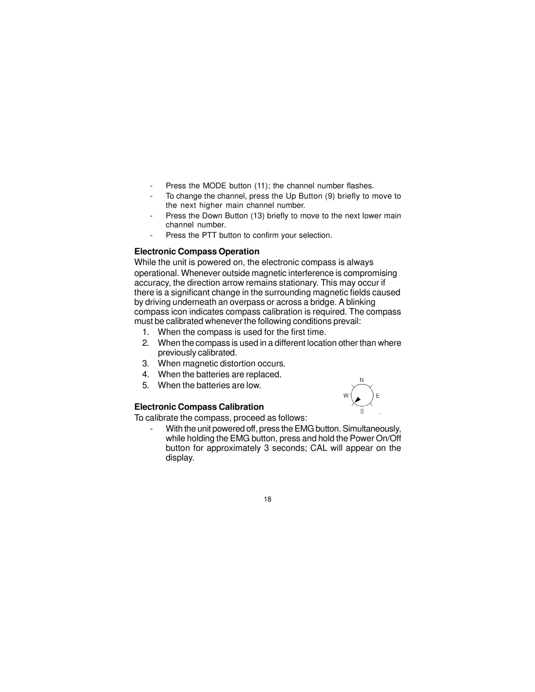 Audiovox GMRS-1545 owner manual Electronic Compass Operation, Electronic Compass Calibration 