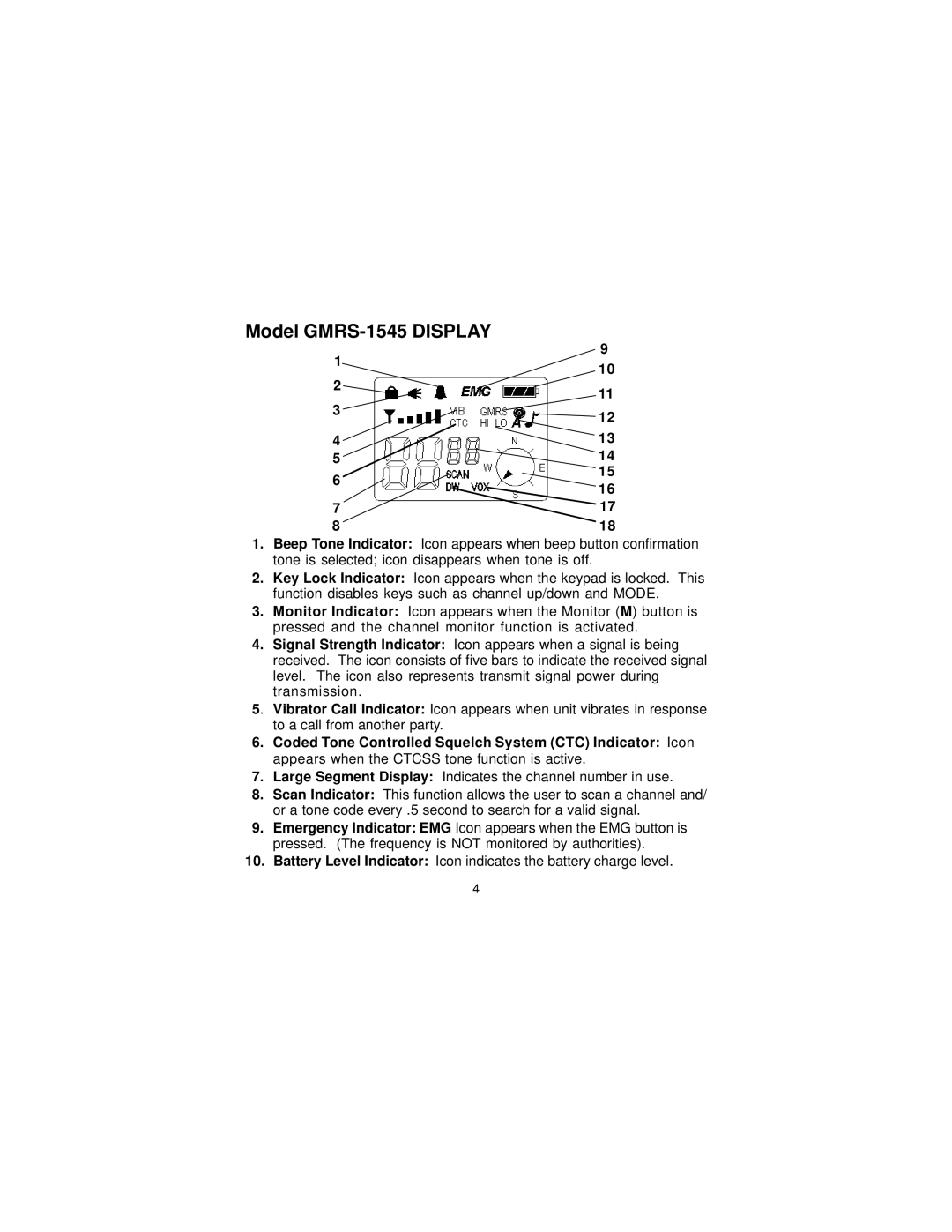 Audiovox owner manual Model GMRS-1545 Display 