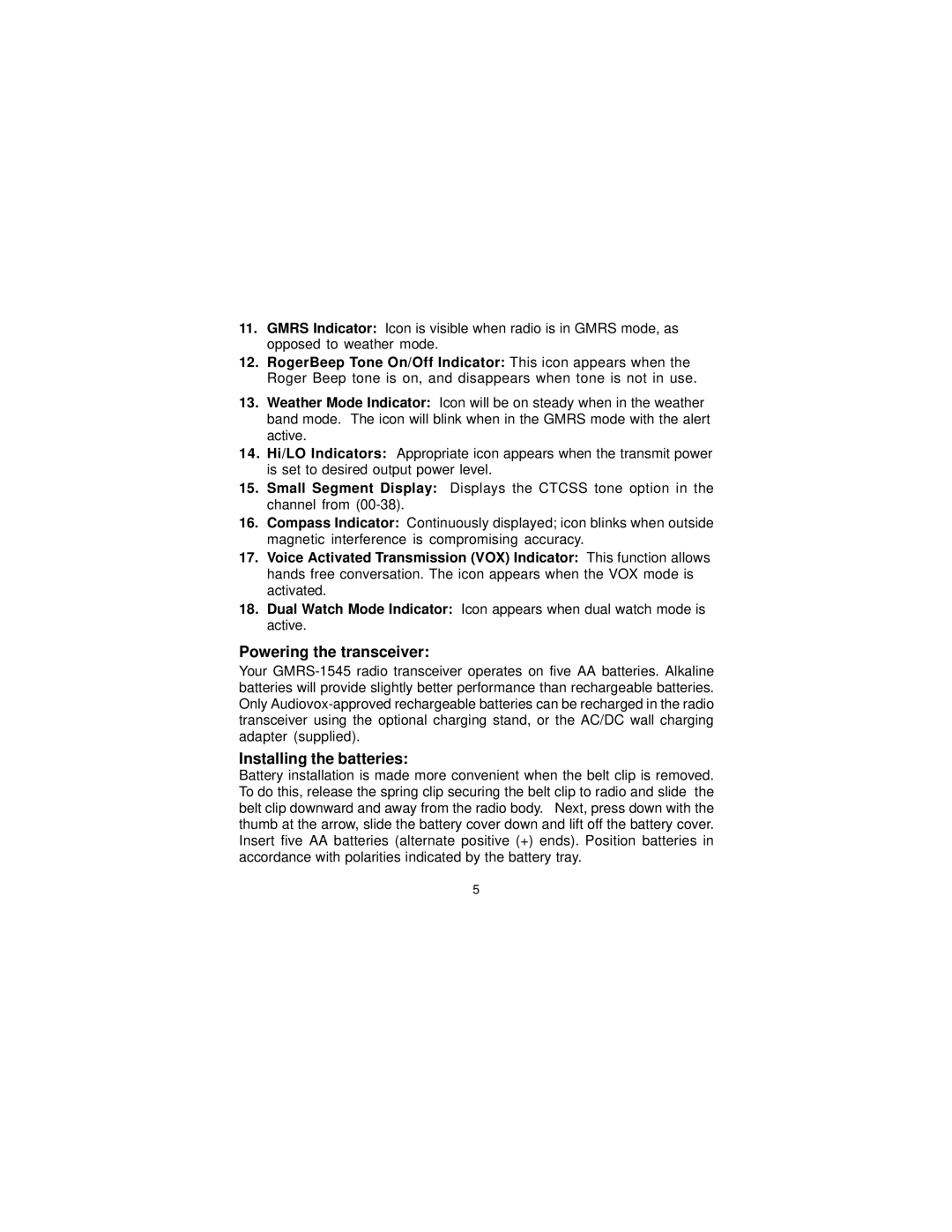 Audiovox GMRS-1545 owner manual Powering the transceiver, Installing the batteries 