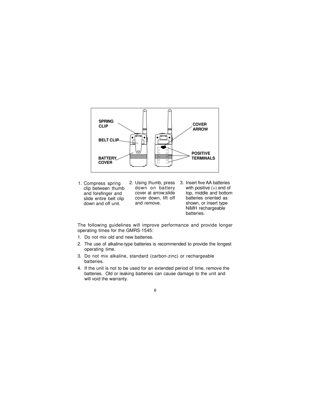 Audiovox GMRS-1545 owner manual Spring Clip Belt Clip Battery Cover Arrow Positive Terminals 