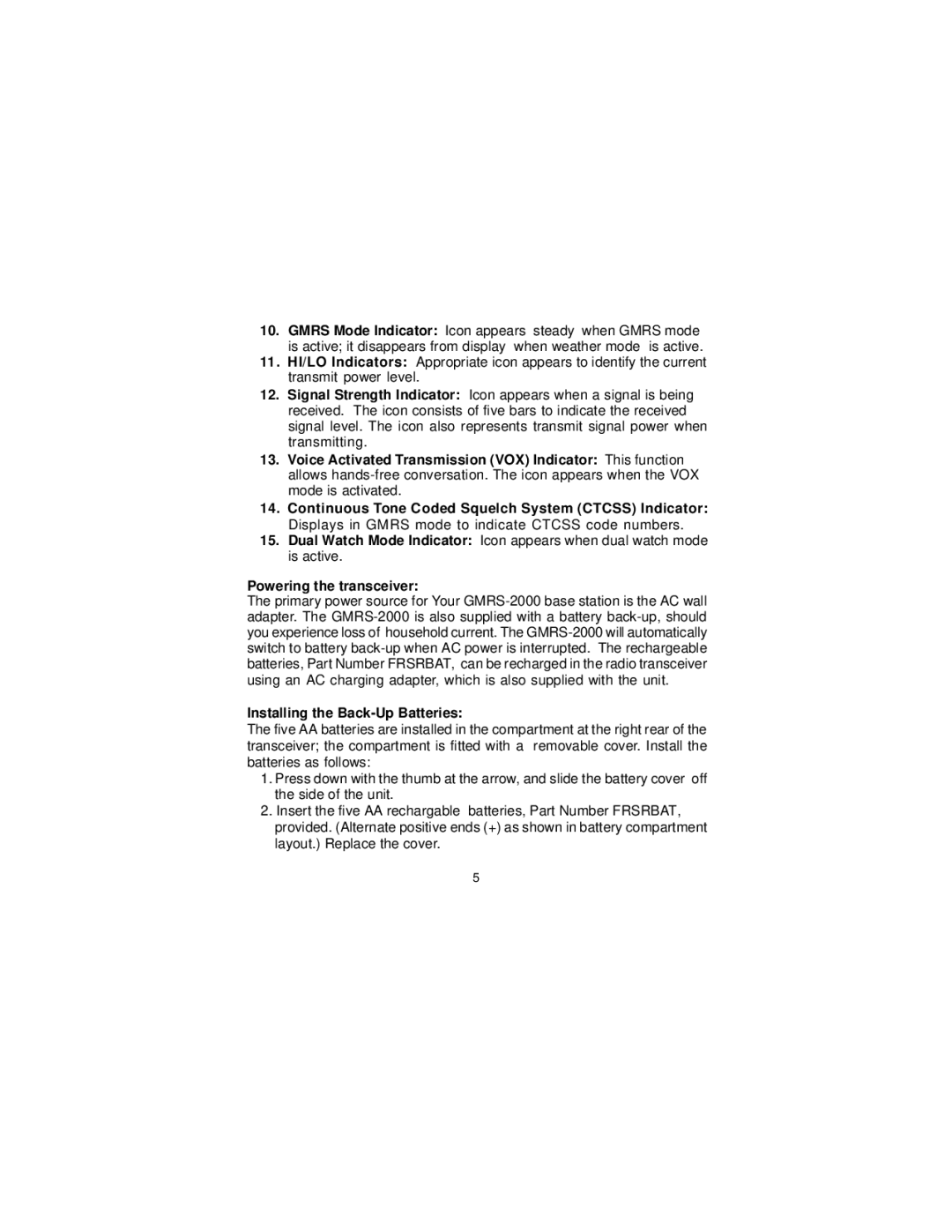 Audiovox GMRS-2000 owner manual Powering the transceiver, Installing the Back-Up Batteries 