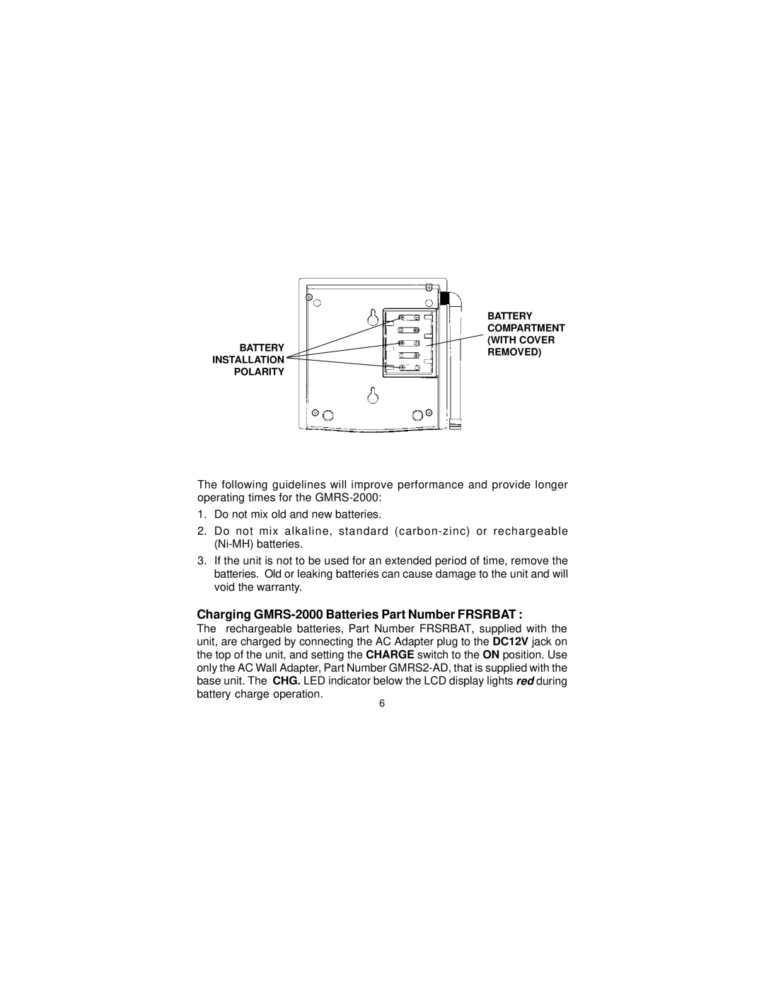 Audiovox owner manual Charging GMRS-2000 Batteries Part Number Frsrbat 