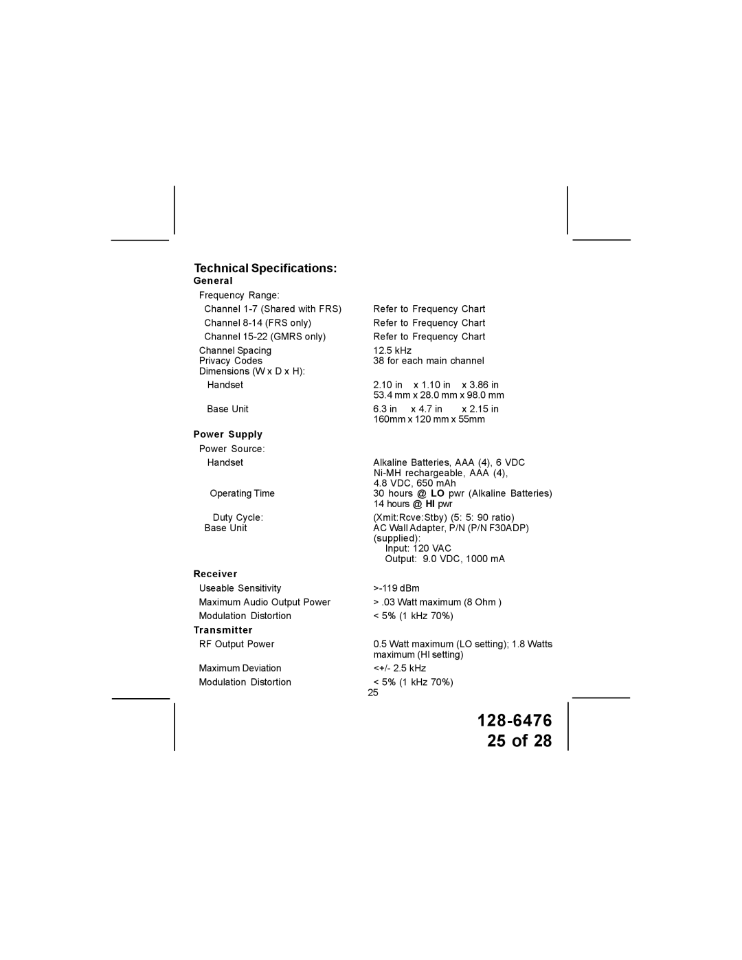 Audiovox GMRS-3000PK manual Technical Specifications, General 