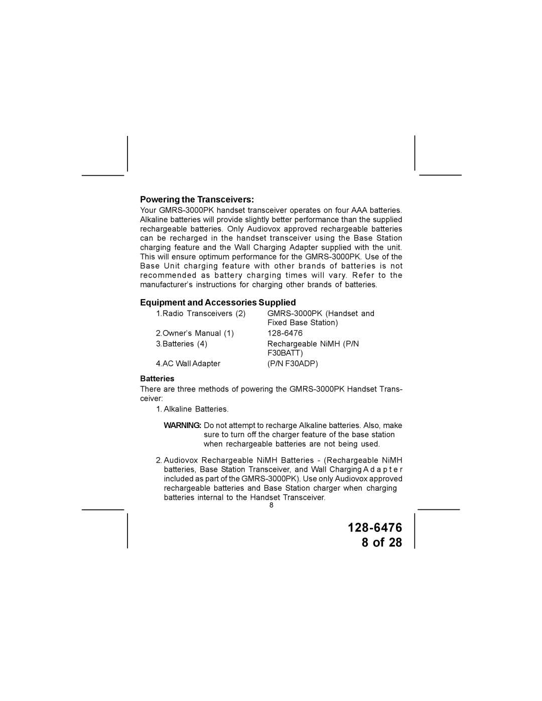 Audiovox GMRS-3000PK manual Powering the Transceivers, Equipment and Accessories Supplied, Batteries 