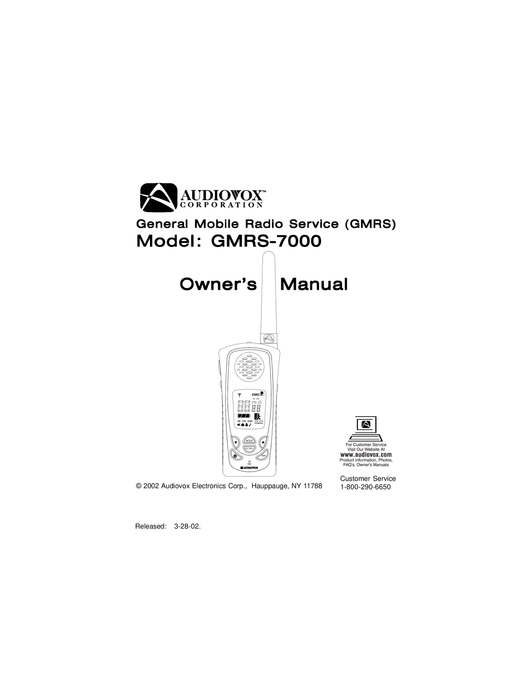 Audiovox manual Model GMRS-7000 