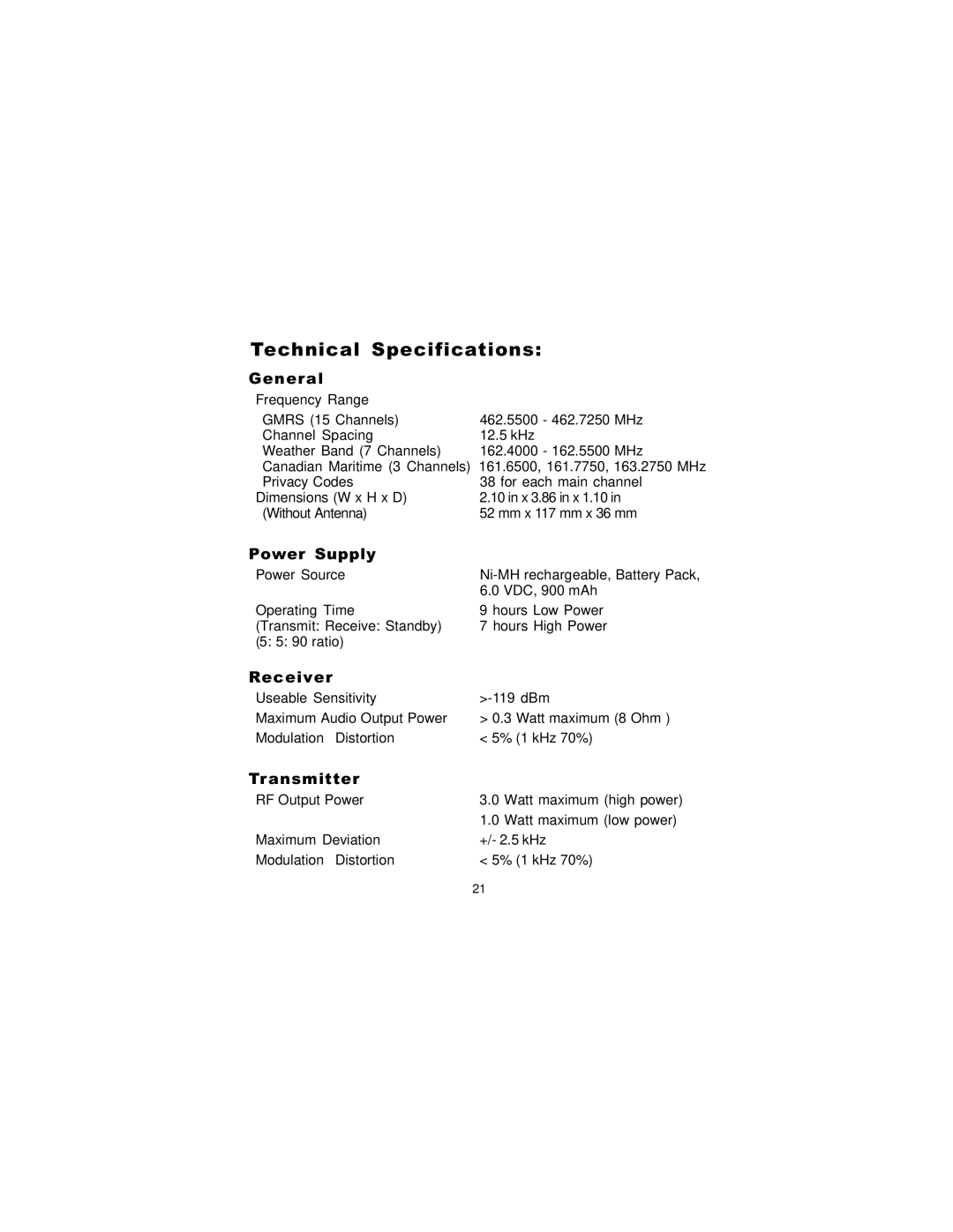 Audiovox GMRS-7000 manual Technical Specifications 