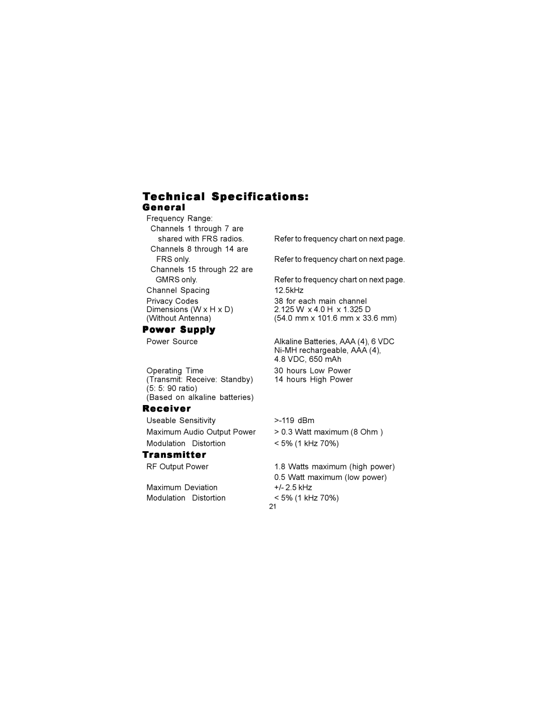 Audiovox GMRS1100-2CH manual Technical Specifications, General, Power Supply, Receiver, Transmitter 