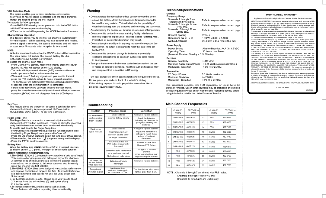 Audiovox GMRS1202 owner manual TechnicalSpecifications, Troubleshooting, Main Channel Frequencies 