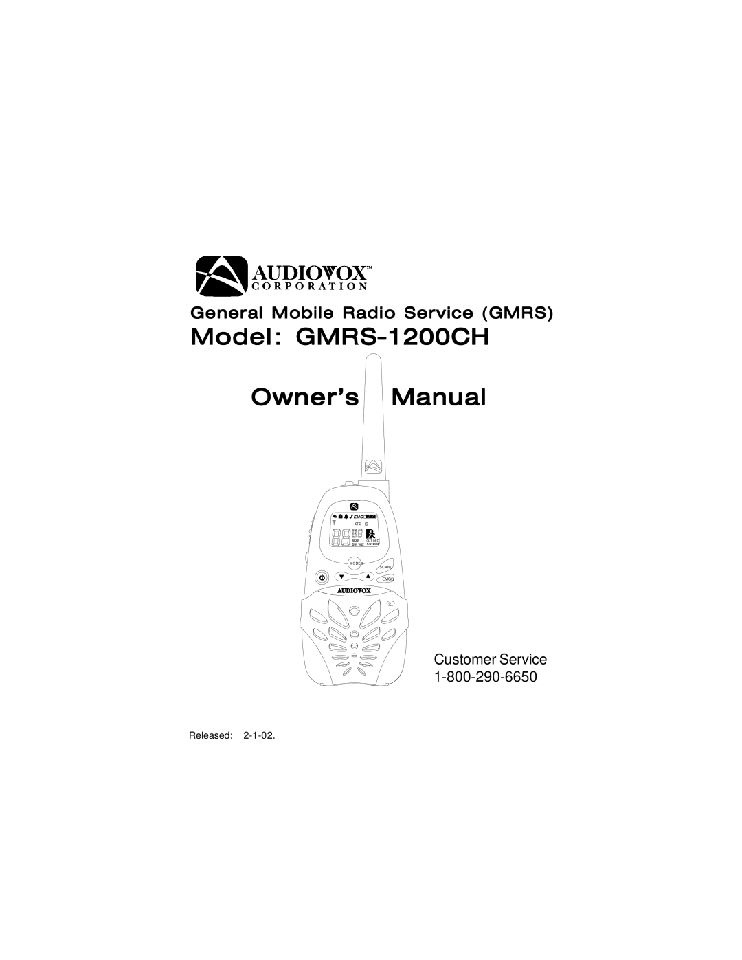 Audiovox GMRS1200CH manual Model GMRS-1200CH 