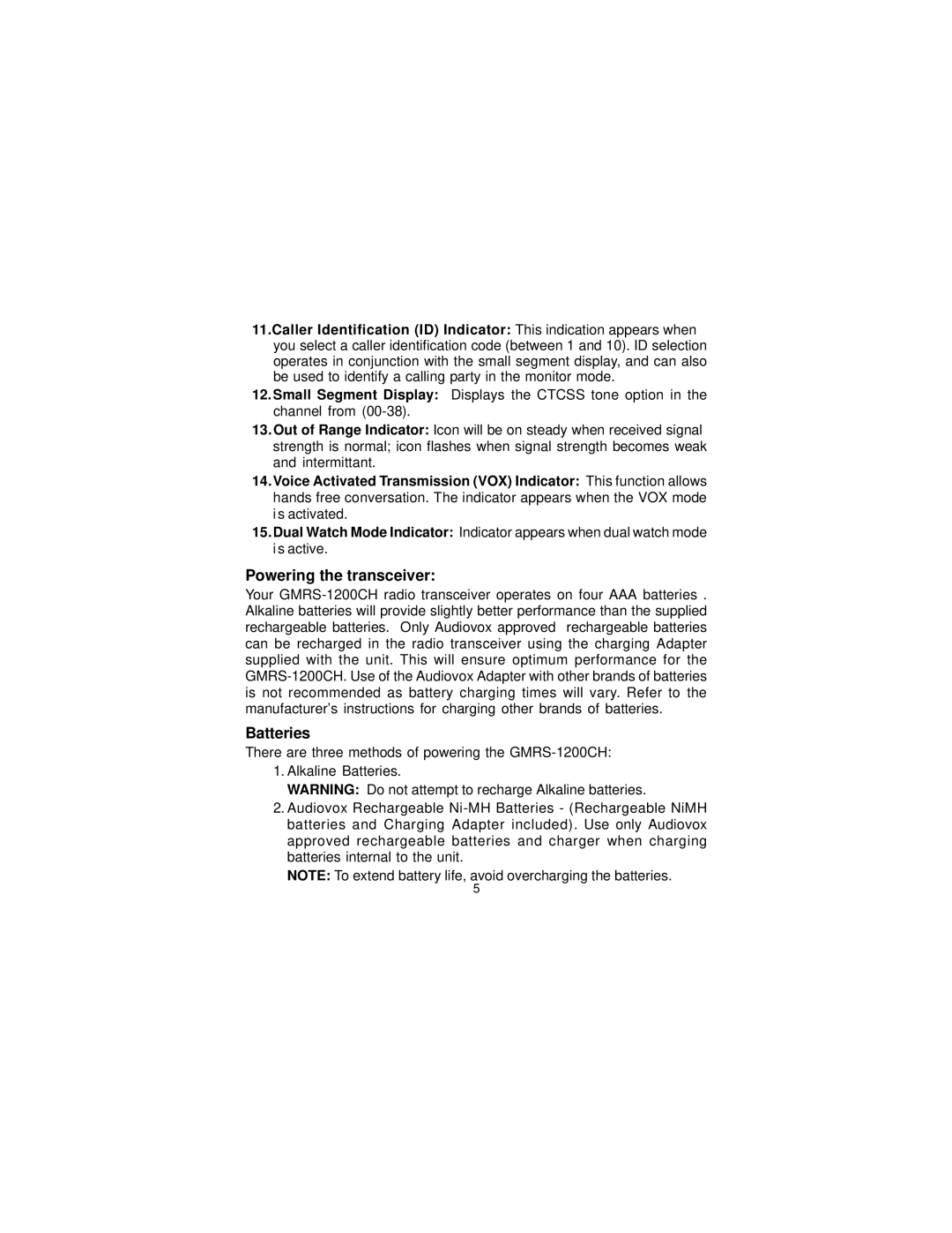 Audiovox GMRS1200CH manual Powering the transceiver, Batteries 