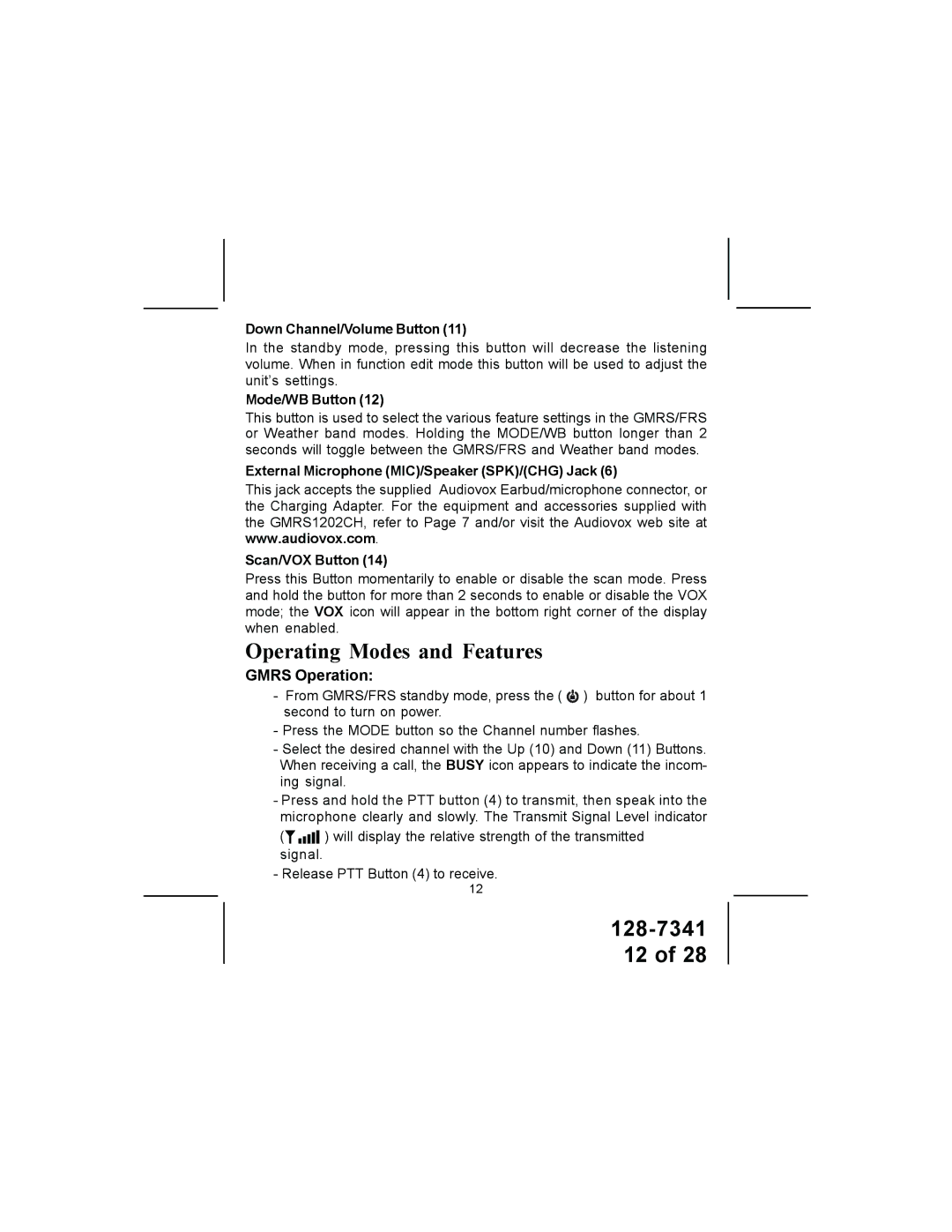 Audiovox GMRS1202CH owner manual Gmrs Operation, Down Channel/Volume Button, Mode/WB Button 