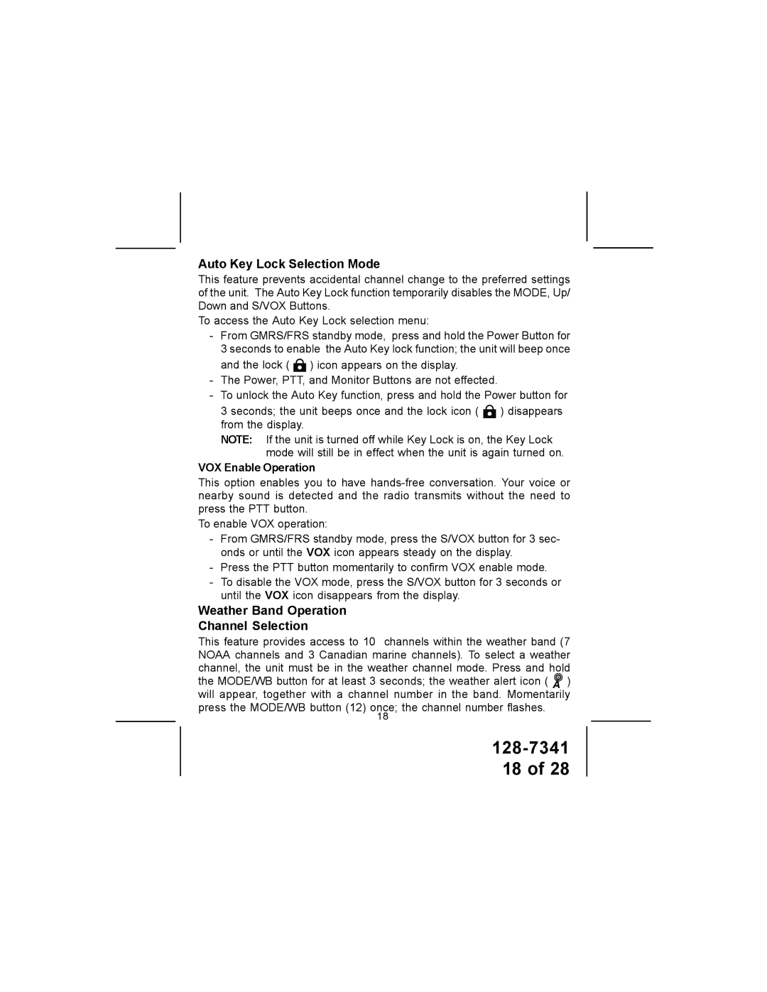 Audiovox GMRS1202CH Auto Key Lock Selection Mode, Weather Band Operation Channel Selection, VOX Enable Operation 