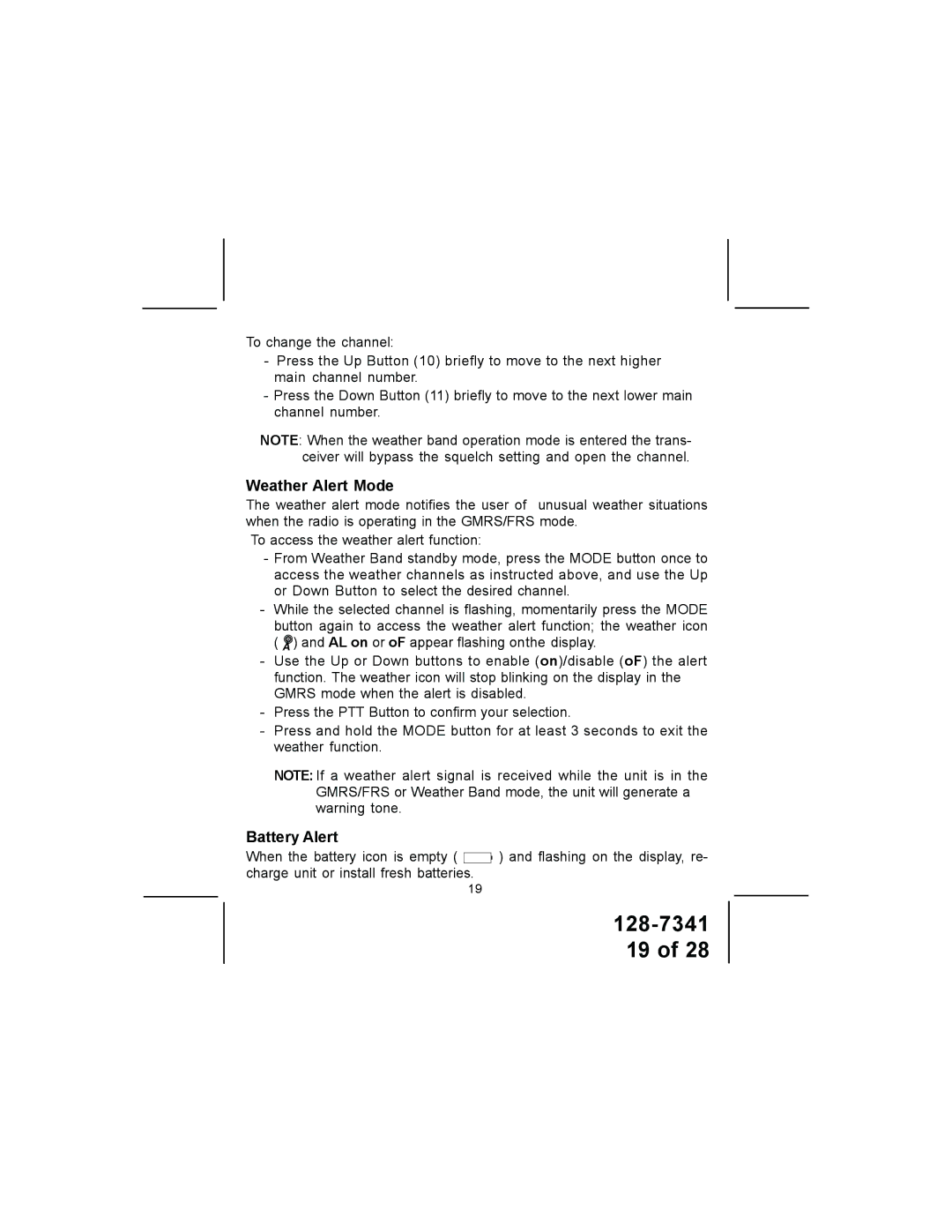 Audiovox GMRS1202CH owner manual Weather Alert Mode, Battery Alert 