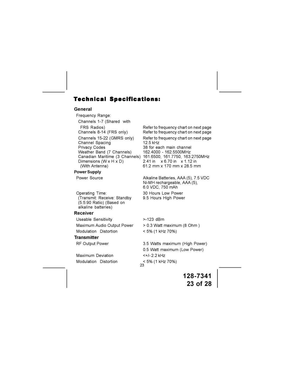 Audiovox GMRS1202CH owner manual General, Receiver, Transmitter, Power Supply 